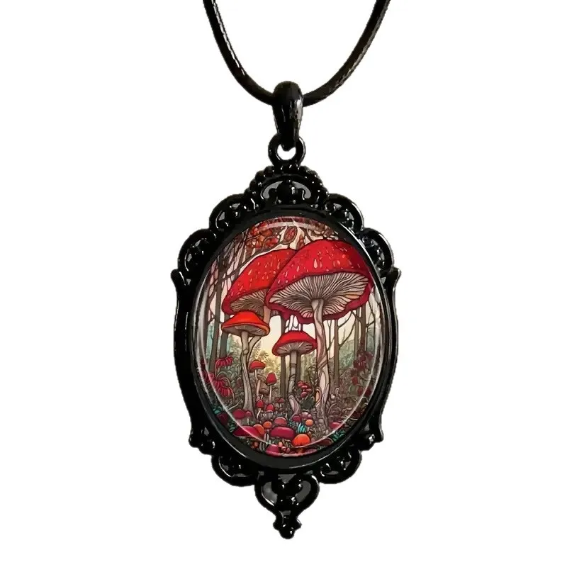 Forest Red Mushroom Oval Pendant Necklace – Glass Cabochon Alloy Jewelry with Woodland Toadstool Design, Whimsical Fairycore Accessory for Women & Girls